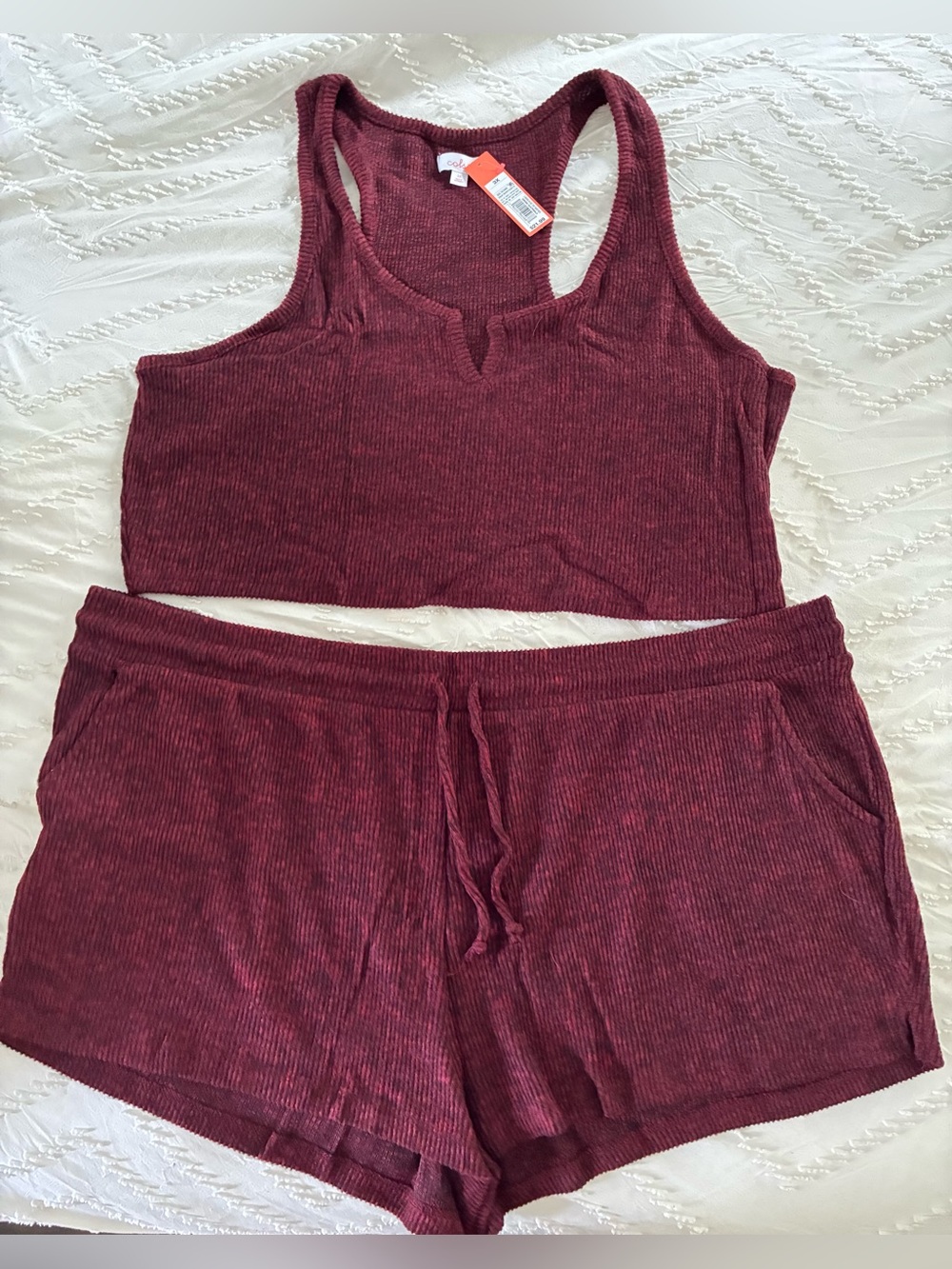 Colsei Women’s Ribbed Tank & Shorts Lounge Set - Burgundy. 3X